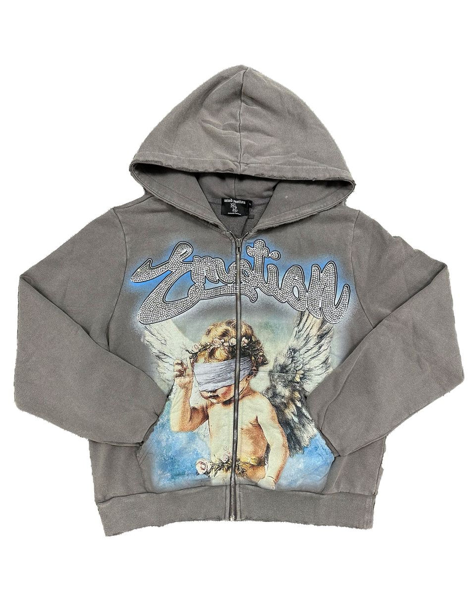 Grey zip hoodie with the graphic of a blind folded angel with rhinestone details at the top.