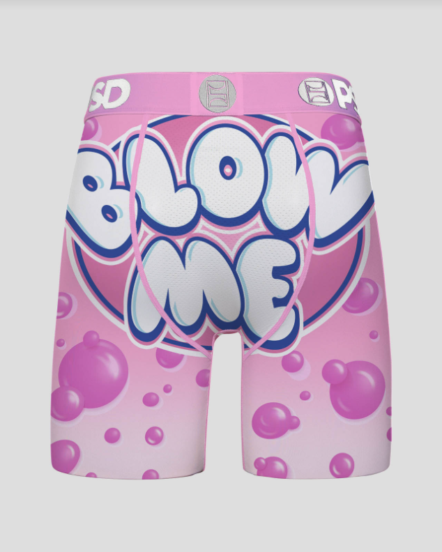 Pink shorts with 'BLOW ME' text and bubble design on a white background