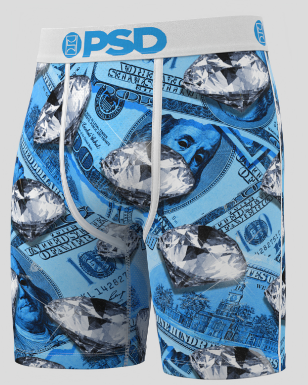 Blue BRIEFS with dollar bill and diamond pattern on a gray background