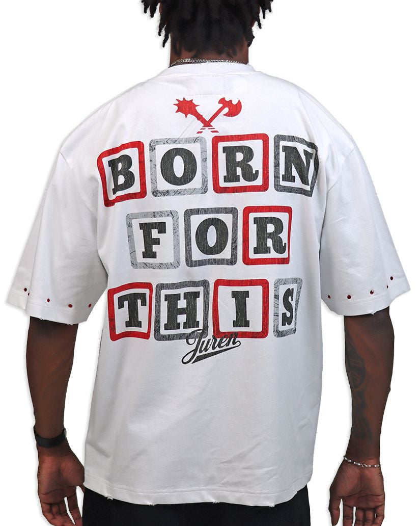 Person wearing a white t-shirt with text on the back