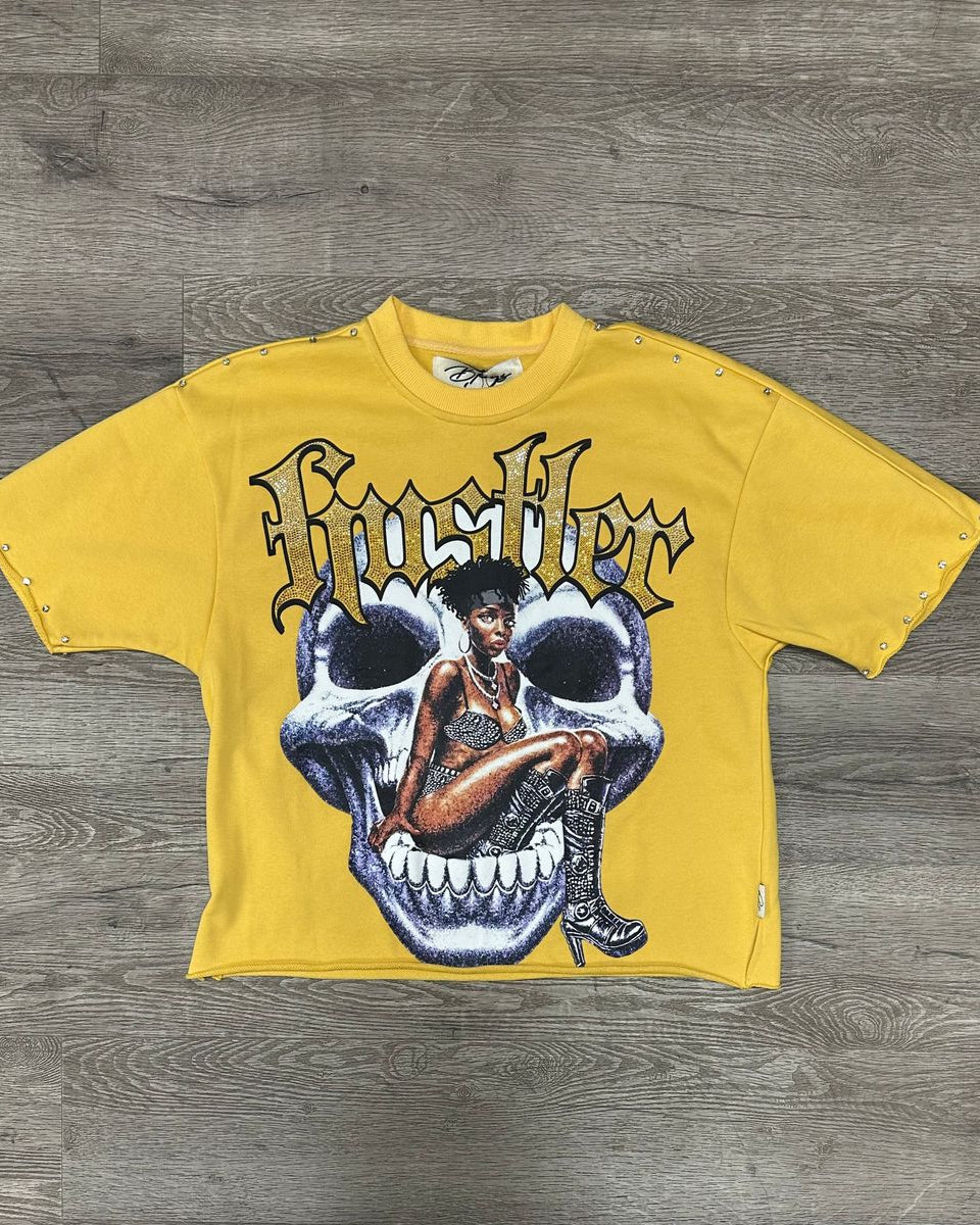 bkys born hustler french terry crop tee in popcorn yellow