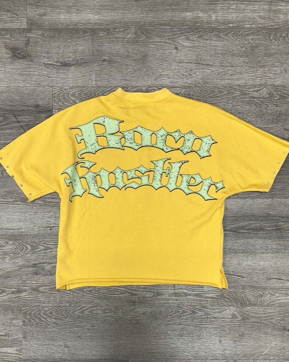 bkys born hustler french terry crop tee in popcorn yellow