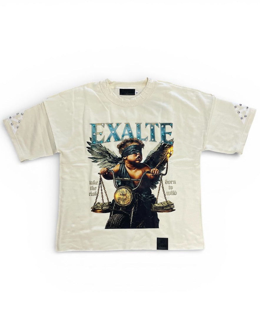 BEIGE t-shirt with graphic design and 'Exalte' text on a white background