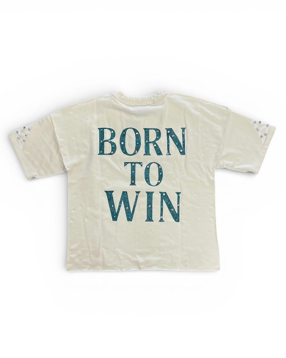 Beige t-shirt with 'Born to Win' text on a white background