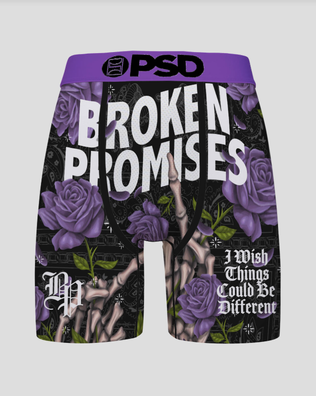 BRIEFS with purple roses, text, and a PSD logo on a gray background