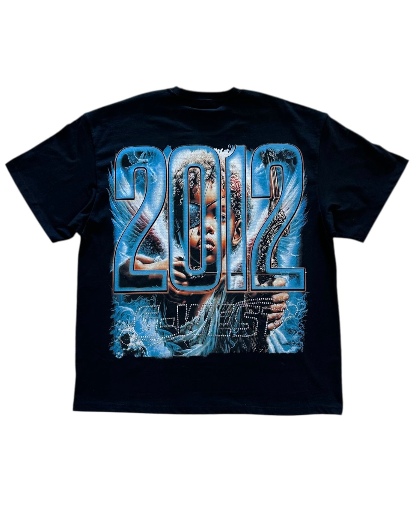 Black t-shirt with '2012' design featuring a face and text on a white background