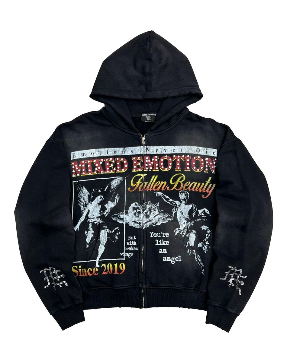 washed black full-zip hoodie with graphics and rhinestone details.