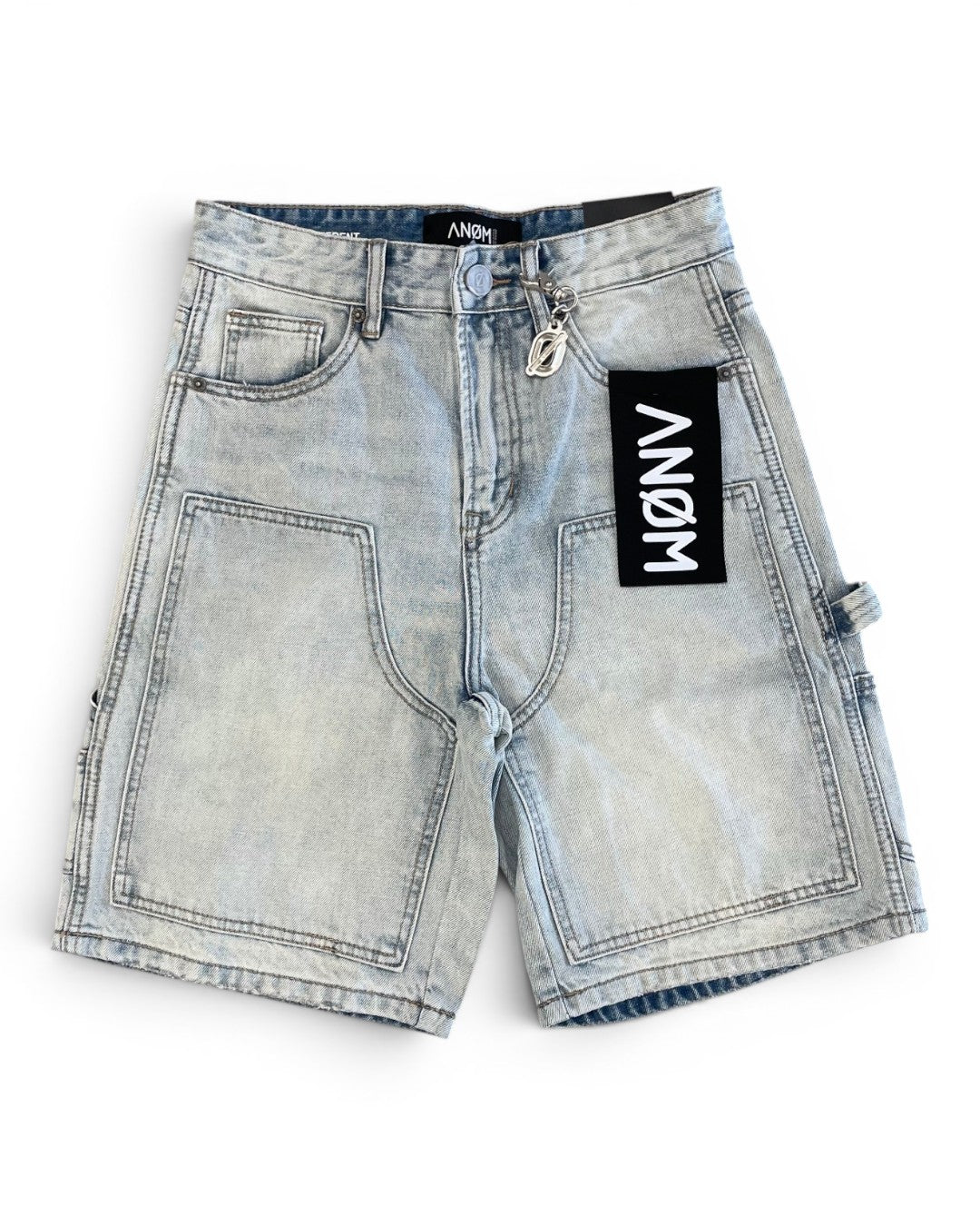 Light blue denim shorts with a brand label on a white background