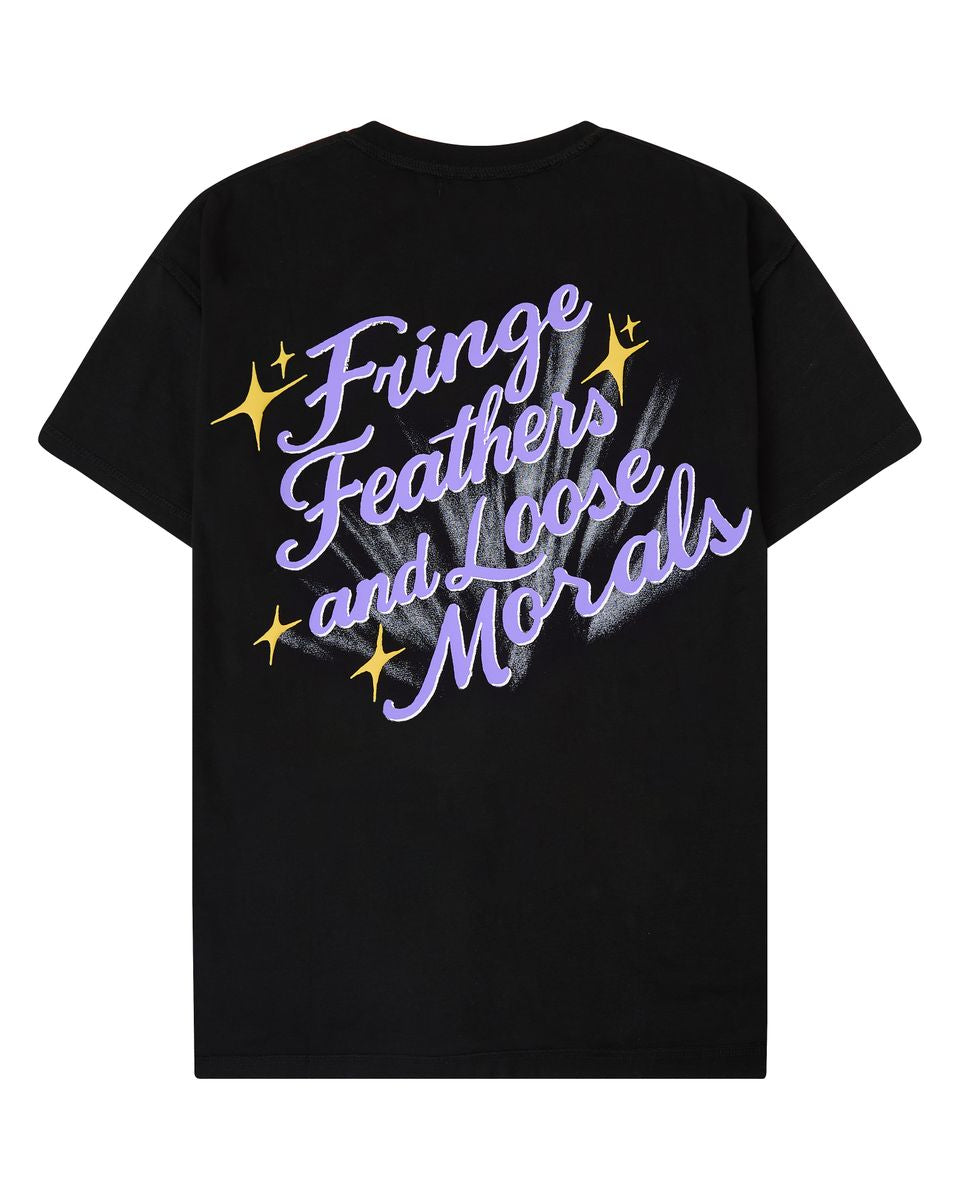 Black t-shirt with colorful text and star graphics on a white background