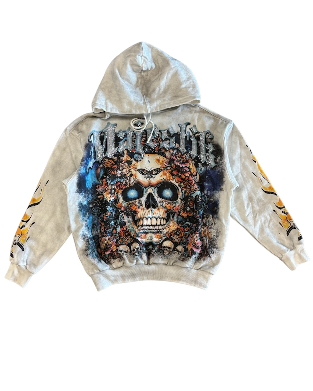 Hoodie with a colorful skull design on a white background
