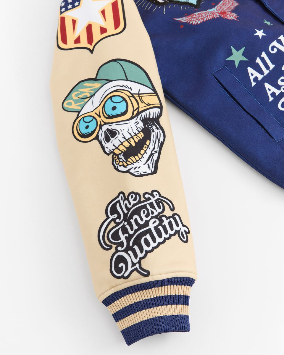 Beige jacket with skull design and text on a white background