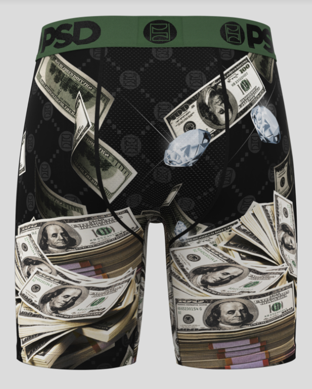 Boxer briefs with dollar bill design on a white background