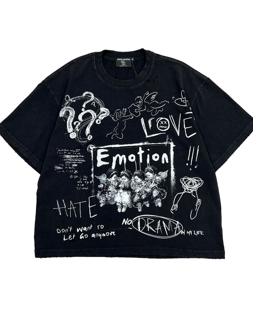 black graphic tee with graphics on the front and back, all graffiti style.