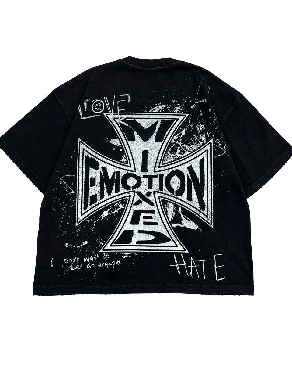 black graphic tee with a cross-like imagery showcasing the brand name "Mixed Emotions"