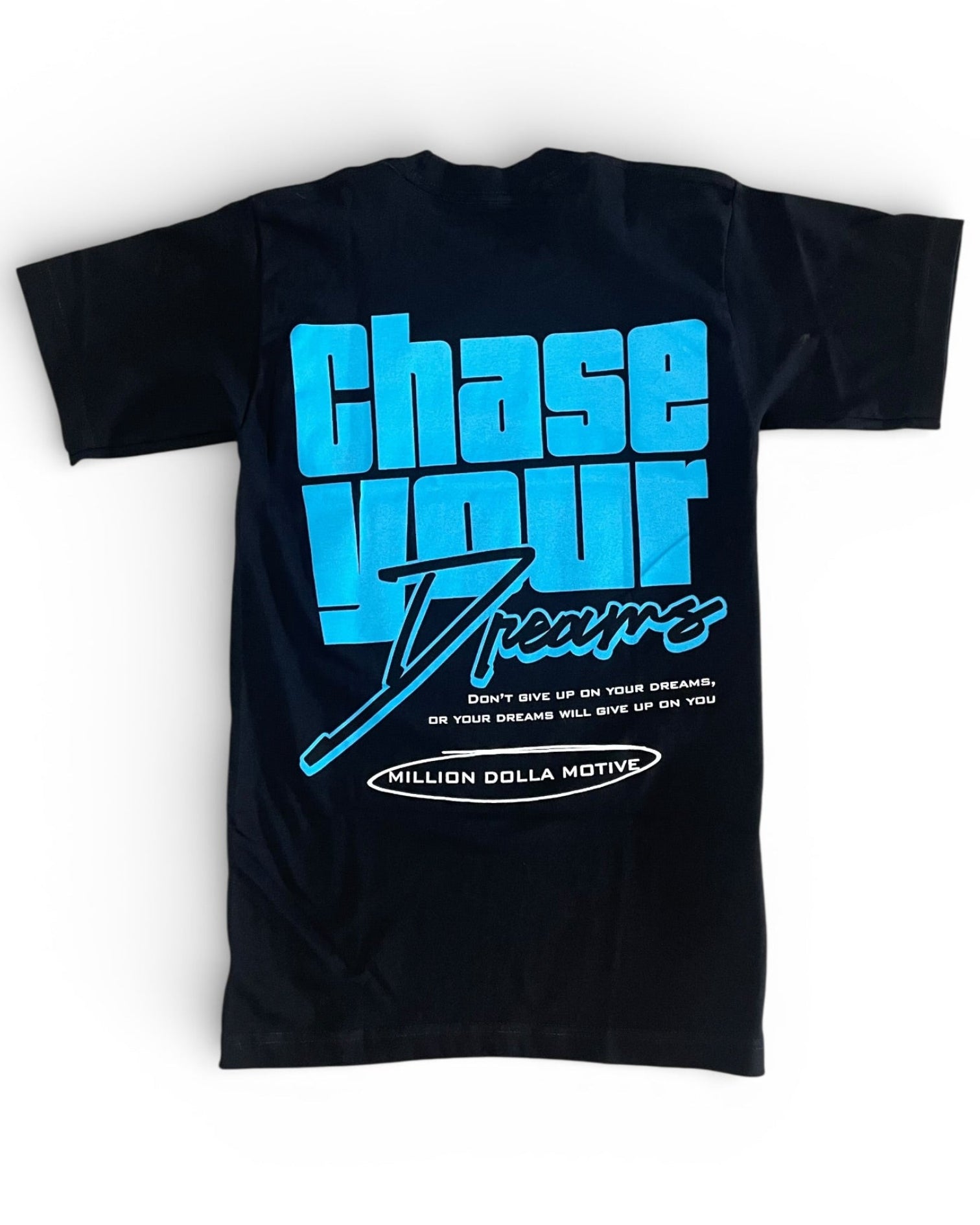 Black t-shirt with blue and white text on a white background