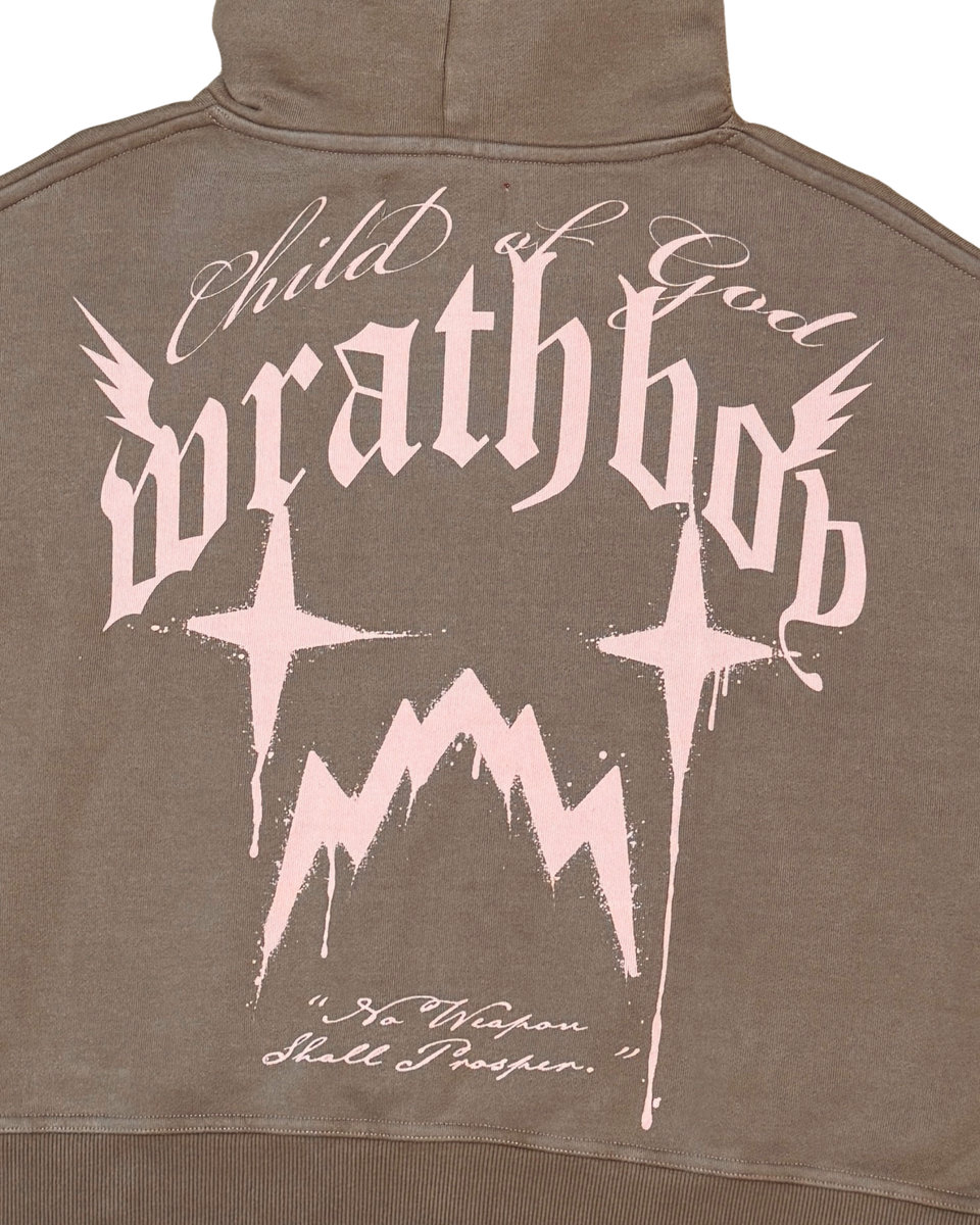 Brown hoodie with white graphic design on the back