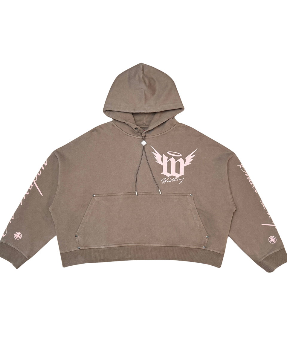 Brown hoodie with a logo on a white background