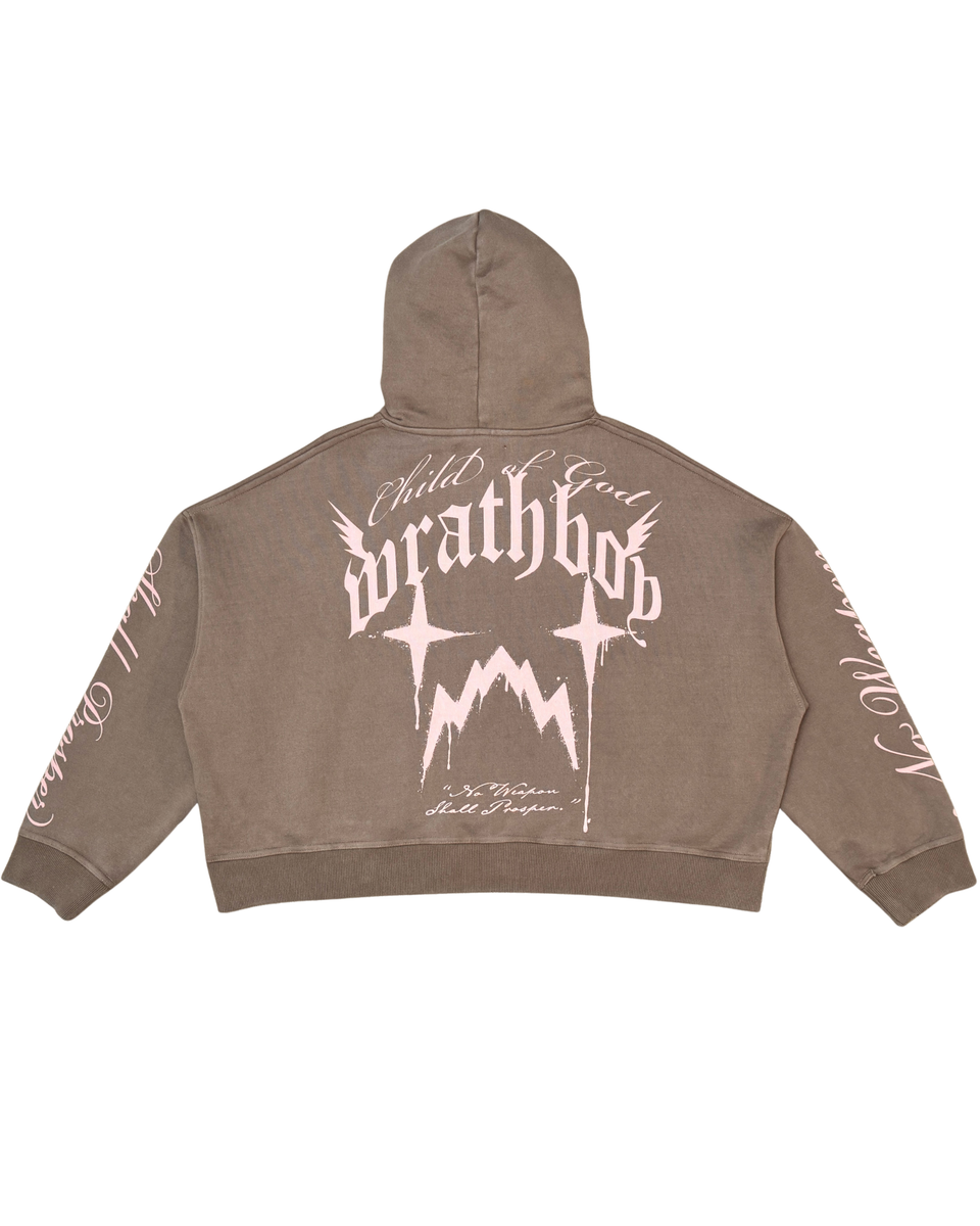 Brown hoodie with white graphic design on a white background