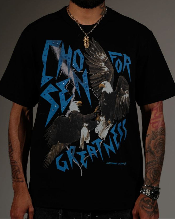 Black Chosen Eagle Tee featuring dual eagle print and lightning-style Chosen for Greatness text with rhinestones