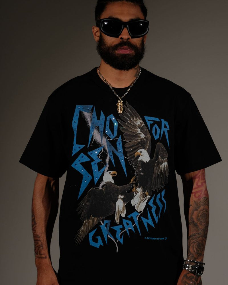Black Chosen Eagle Tee featuring dual eagle print and lightning-style Chosen for Greatness text with rhinestones