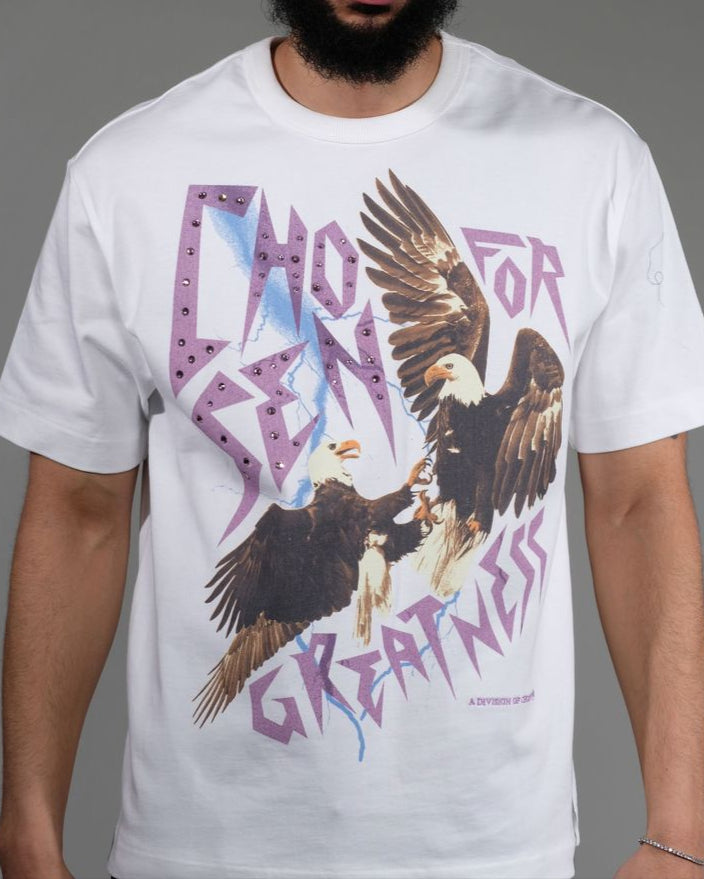 Black Chosen Eagle Tee featuring dual eagle print and lightning-style Chosen for Greatness text with rhinestones