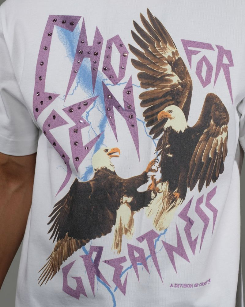 Black Chosen Eagle Tee featuring dual eagle print and lightning-style Chosen for Greatness text with rhinestones