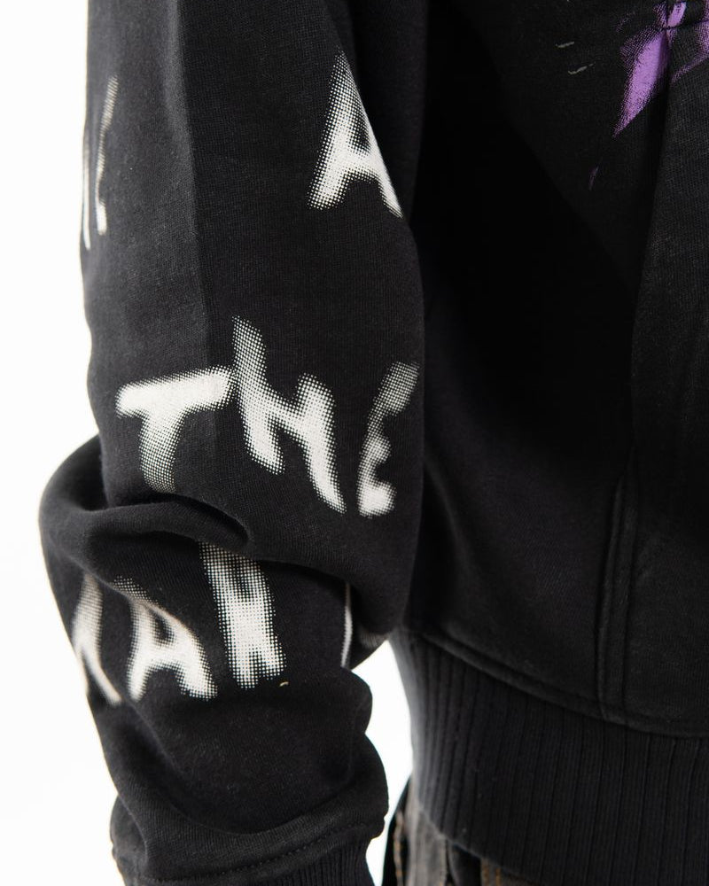 Black hoodie with white text on sleeves against a white background
