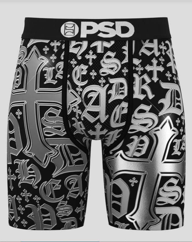 Black and white patterned briefs with 'PSD' branding on a gray background