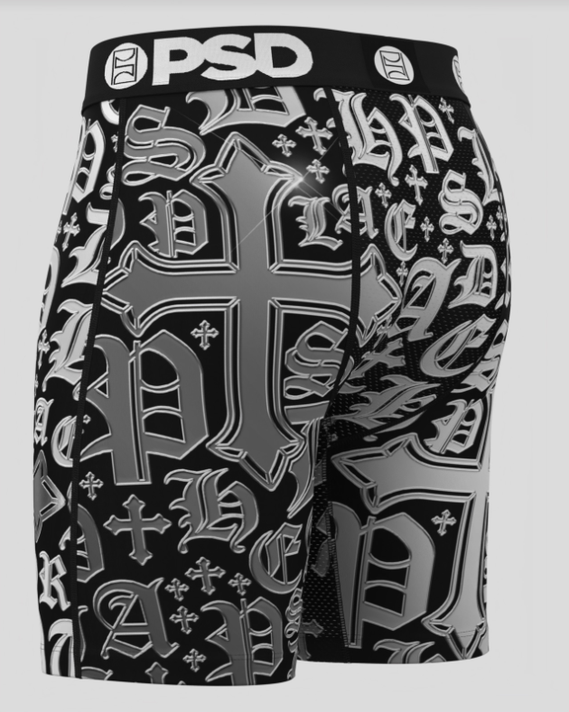 Black athletic briefss with gray logo and text on a white background