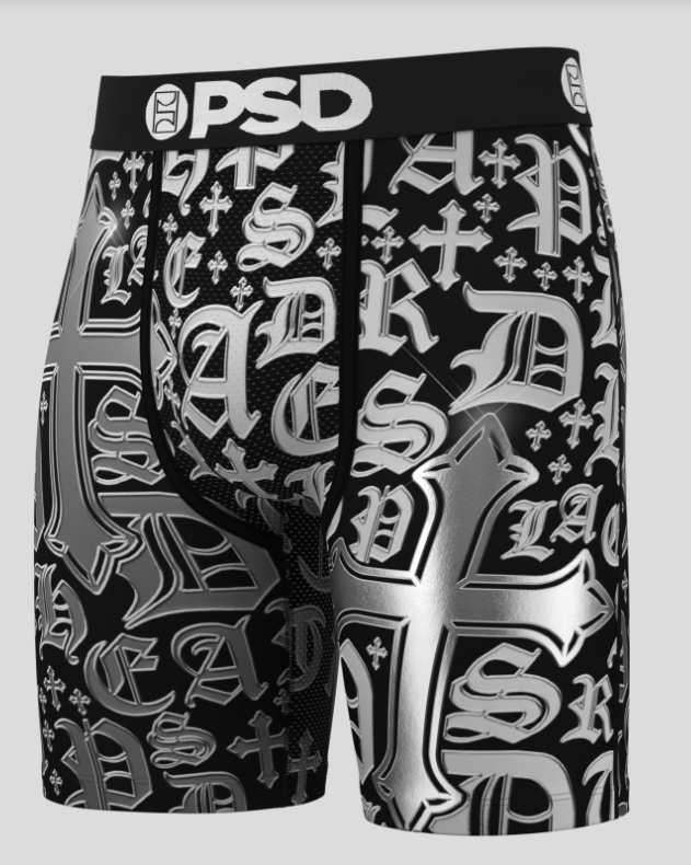 Black athletic briefs with white graphic design and 'PSD' branding on a light gray background