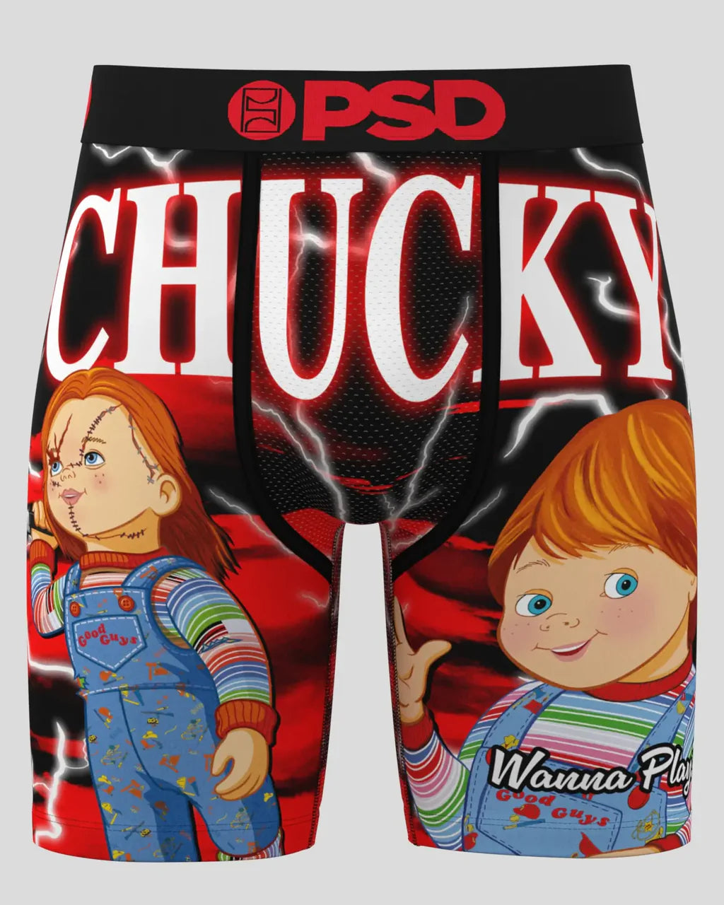 Boxer briefs with a character design and 'PSD Chucky' text on a red background