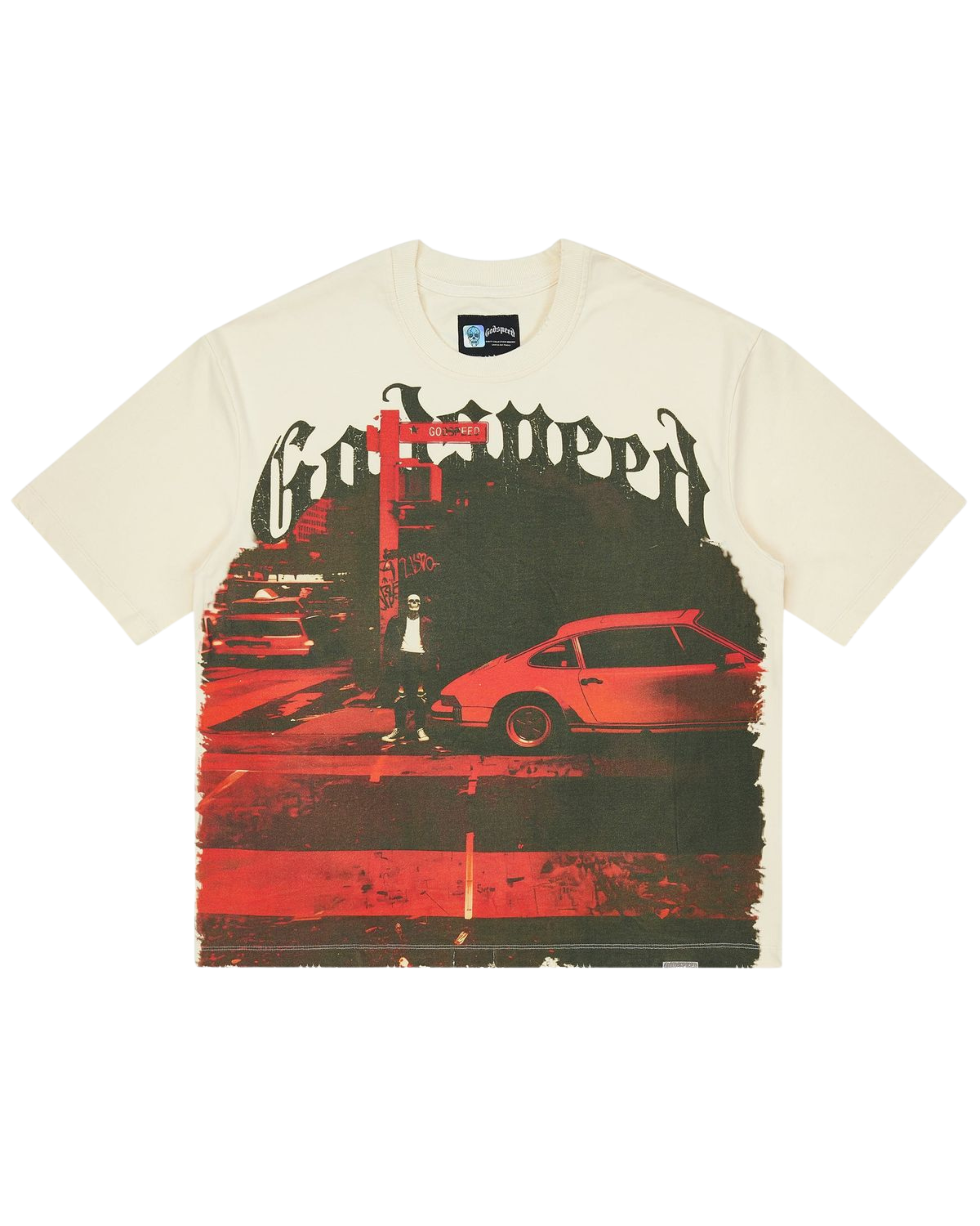 Beige t-shirt with graphic design of a person and cars on a white background