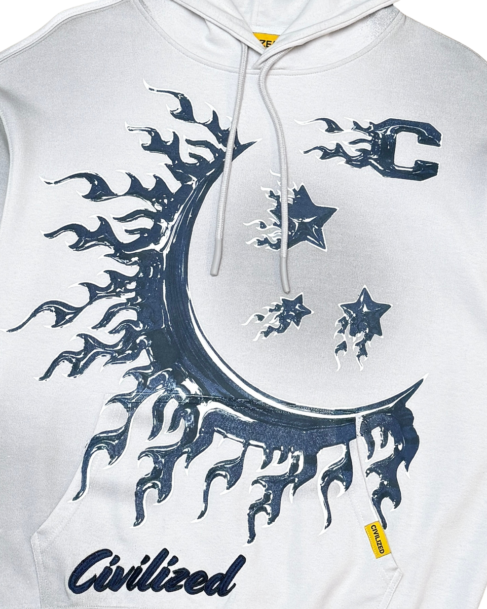 White hoodie with blue graphic design and 'Civilized' text on a white background