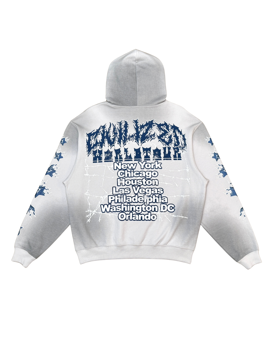 White hoodie with blue and black text on a white background