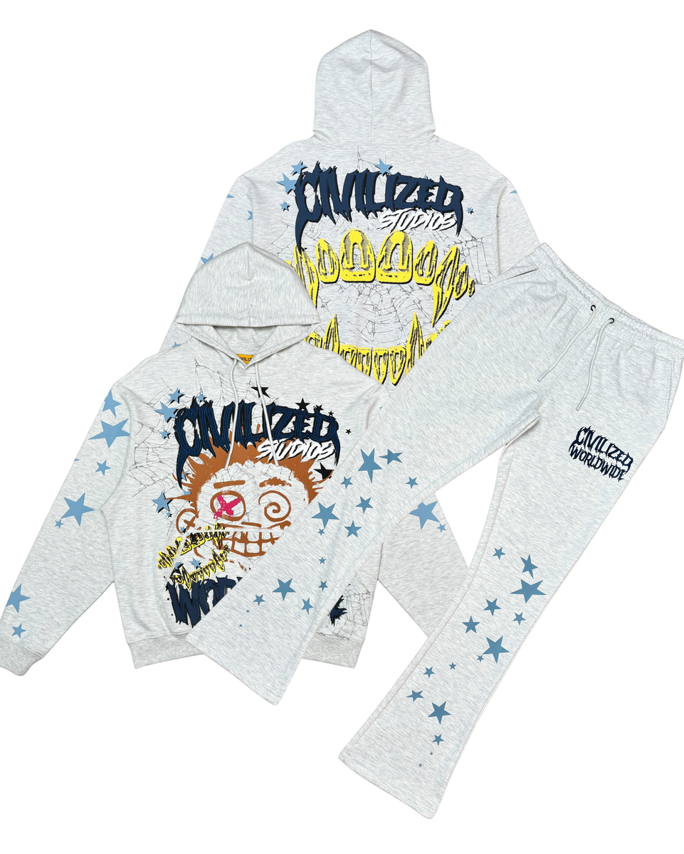 Gray hoodie and pants set with cartoon character design on a white background