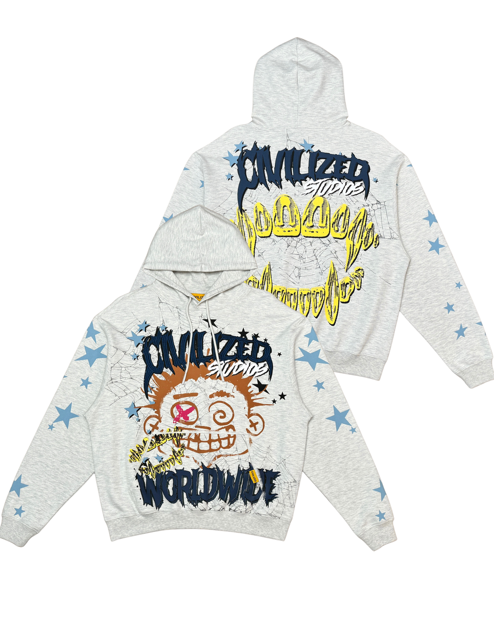 Gray hoodie with colorful graphics and text on a white background