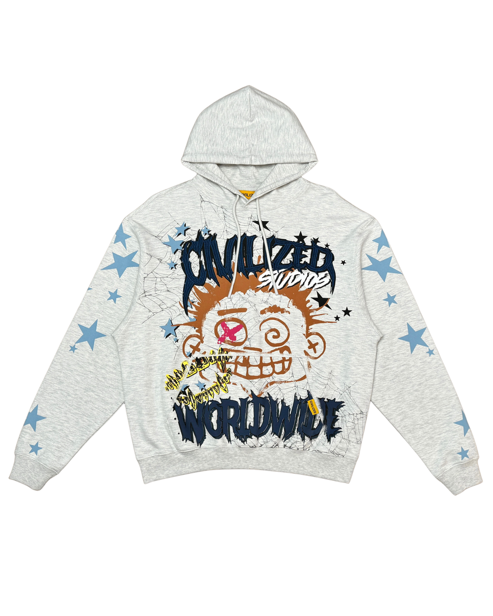 Gray hoodie with colorful graphic design on a white background