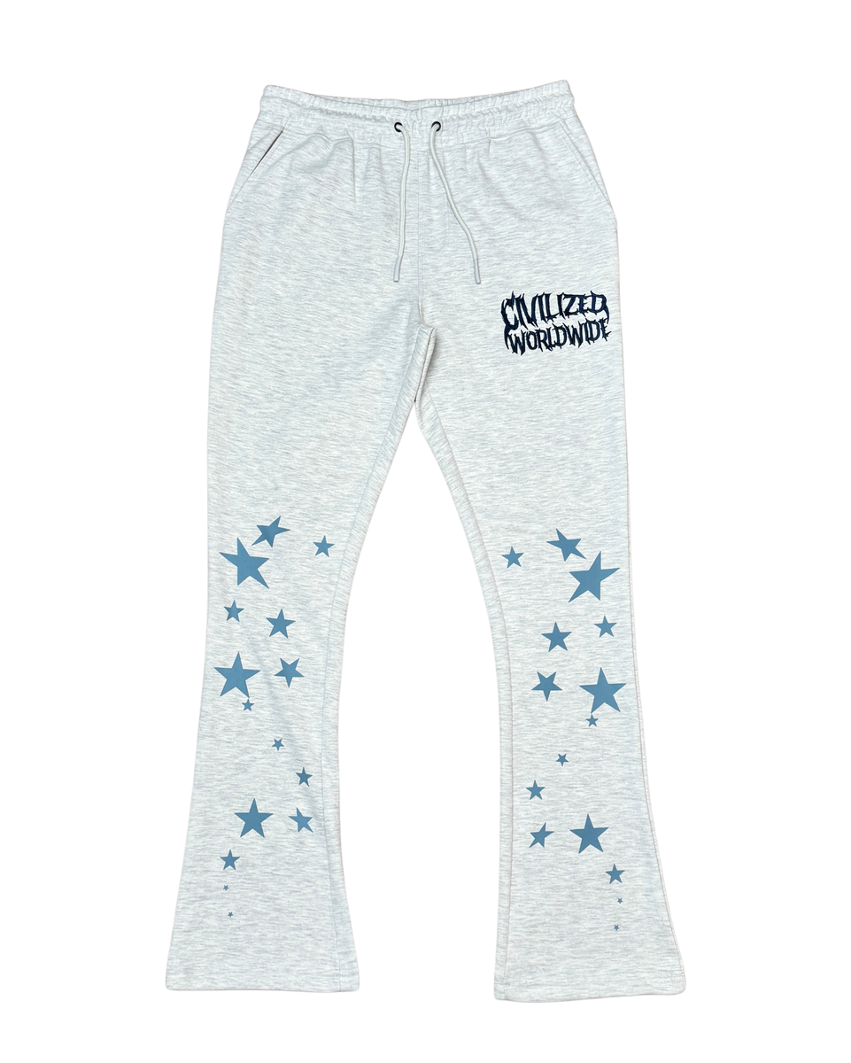 Gray sweatpants with blue star patterns and 'Civilized Worldwide' text on a white background