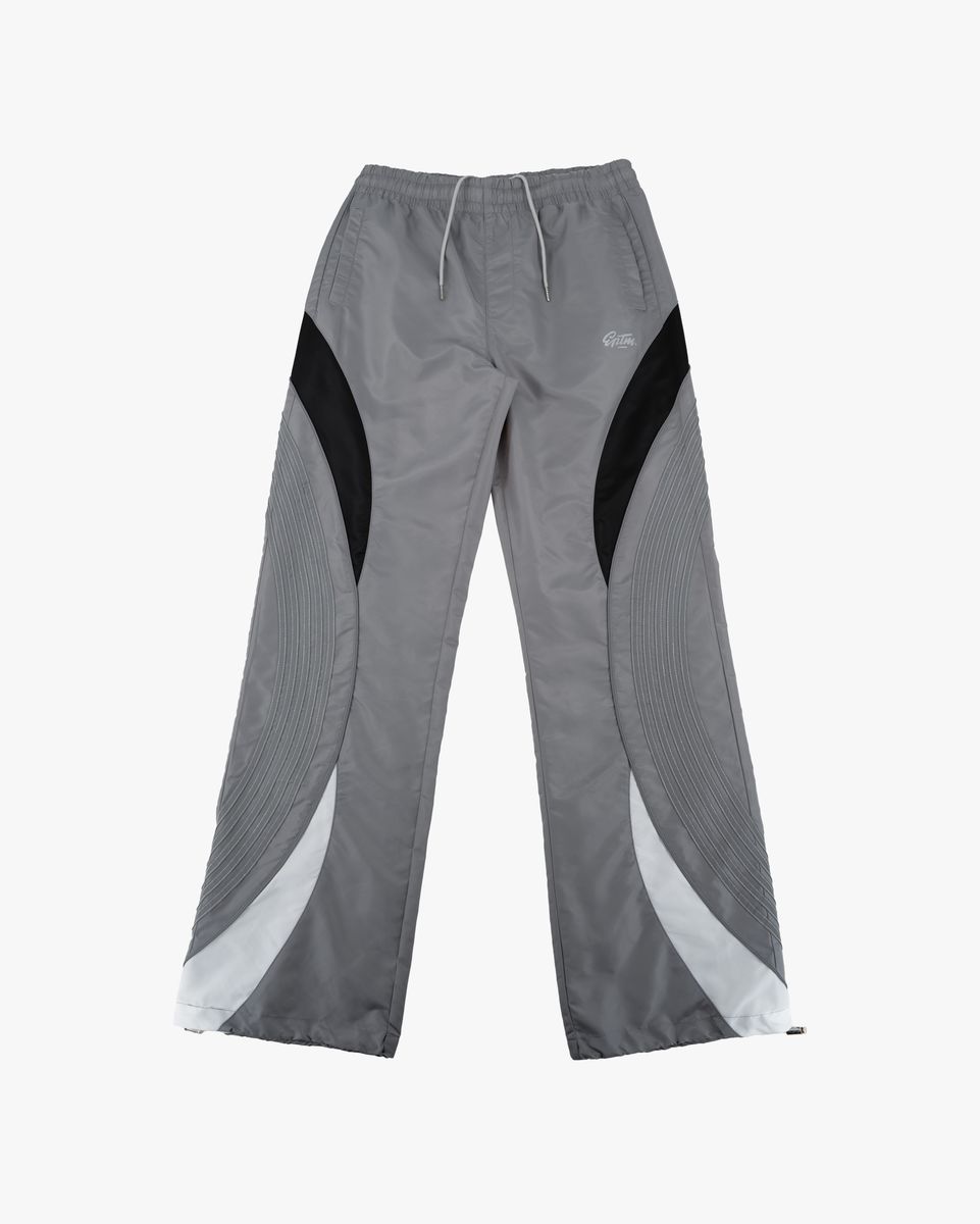 Gray pants with black and white accents on a white background