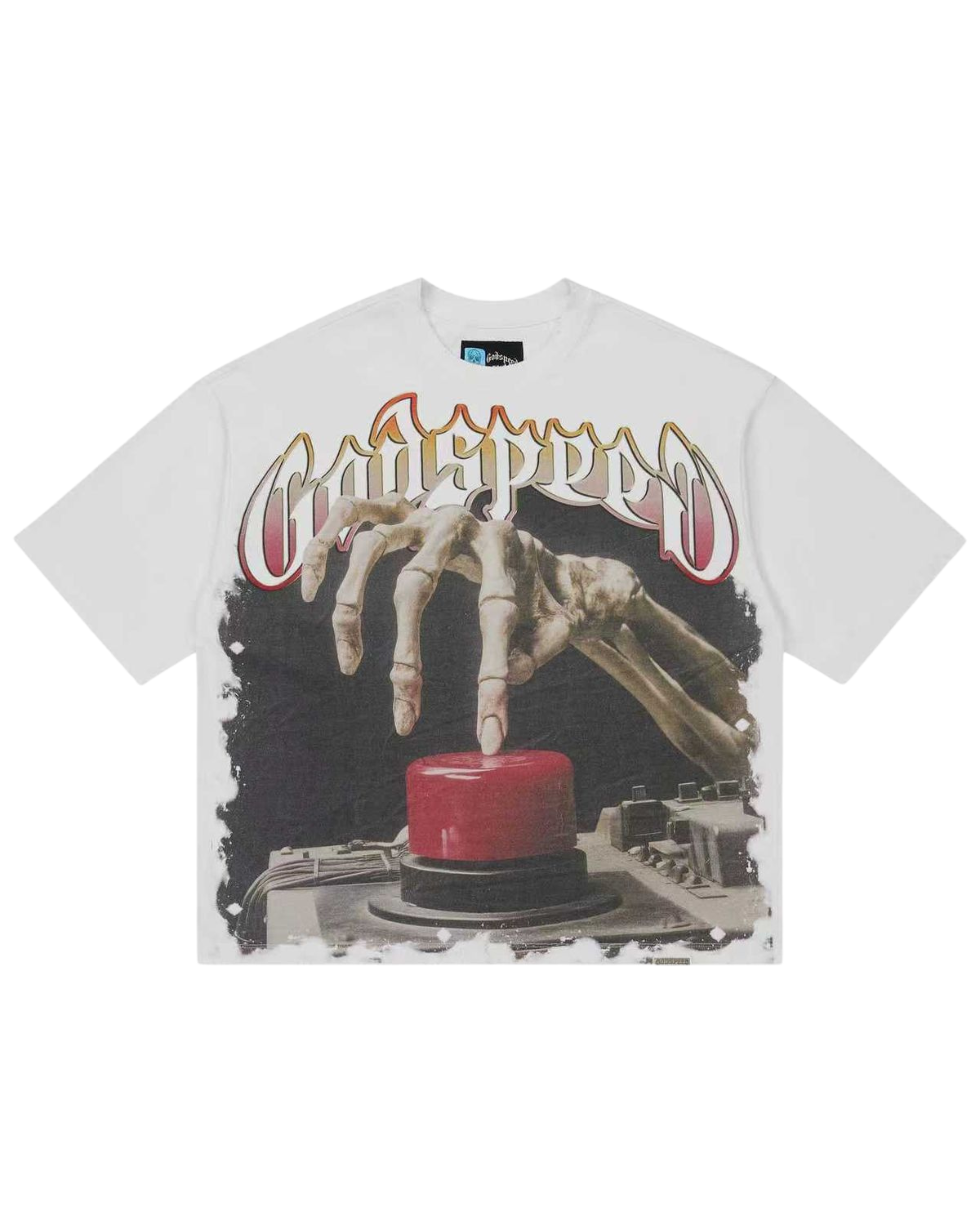 White t-shirt with graphic design of hands pressing a red button on a white background