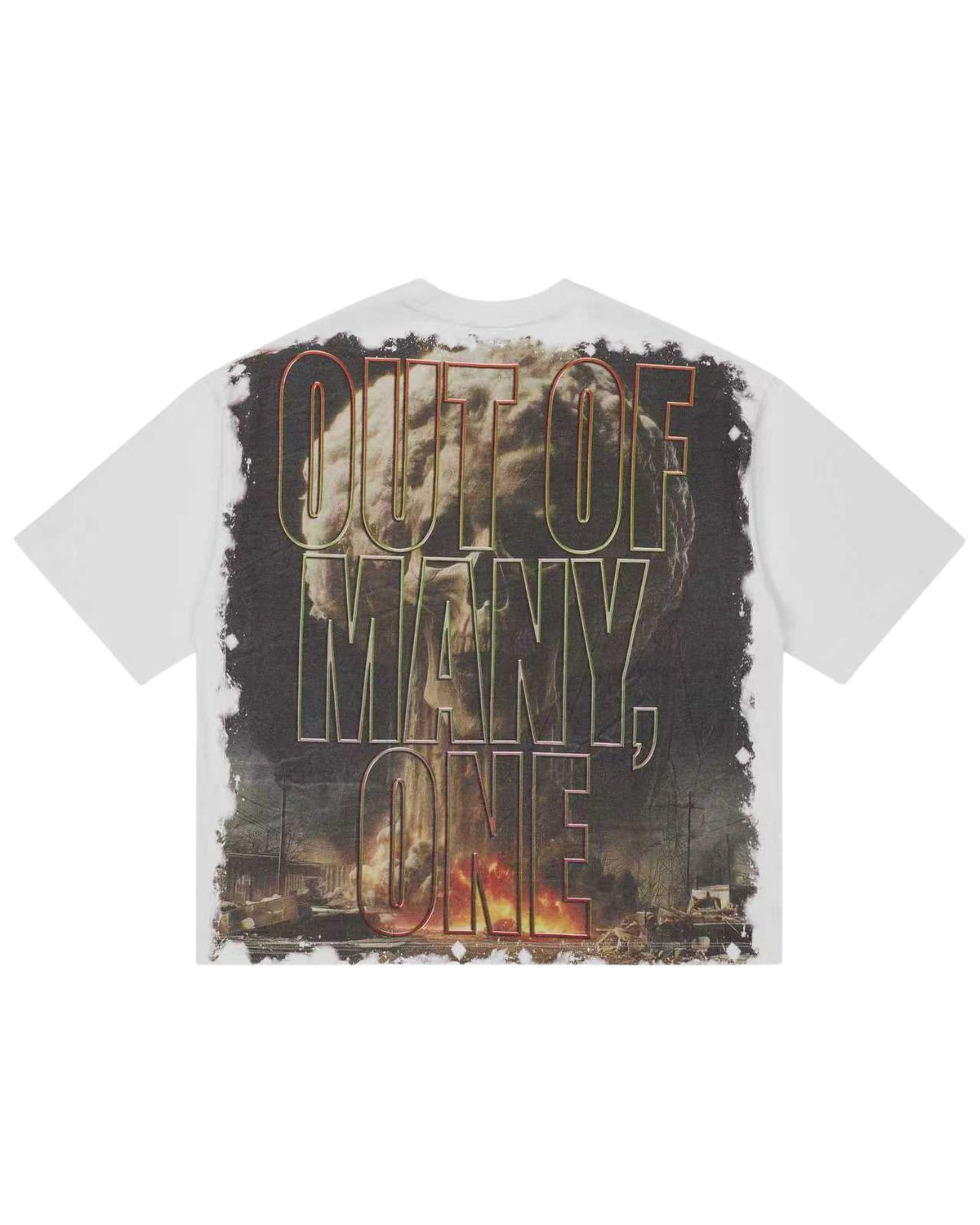 T-shirt with 'Out of Many, One' design on a white background