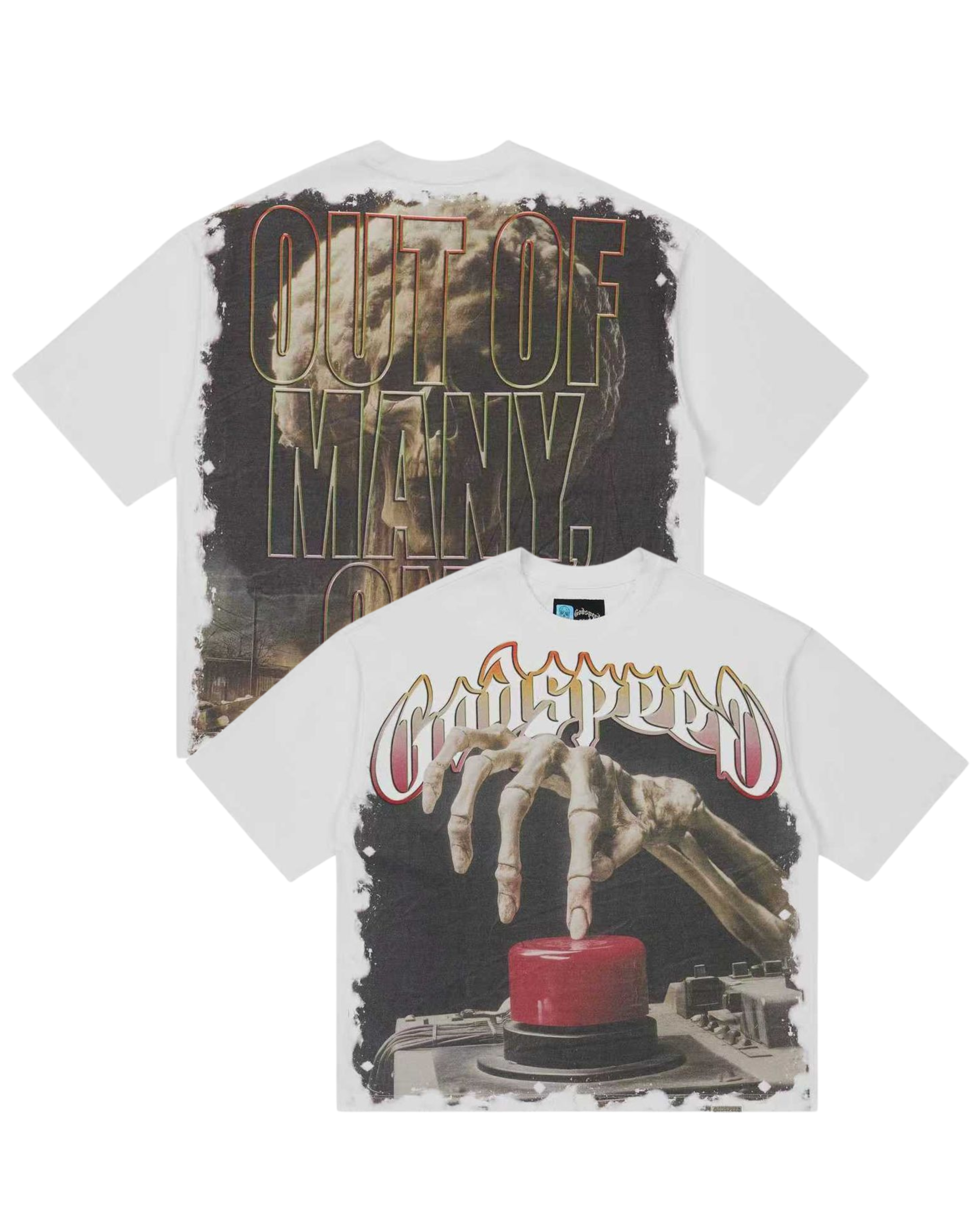 White t-shirt with graphic design and text on a white background