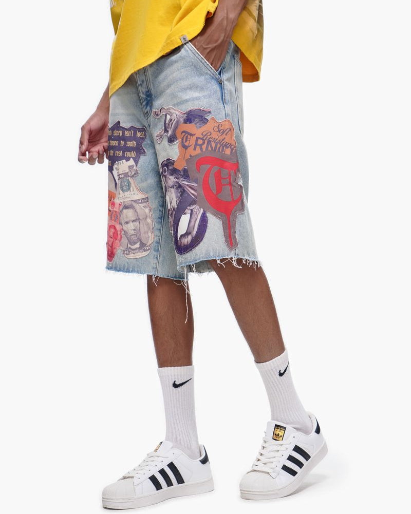 Person wearing a colorful graphic denim skirt with white sneakers on a white background