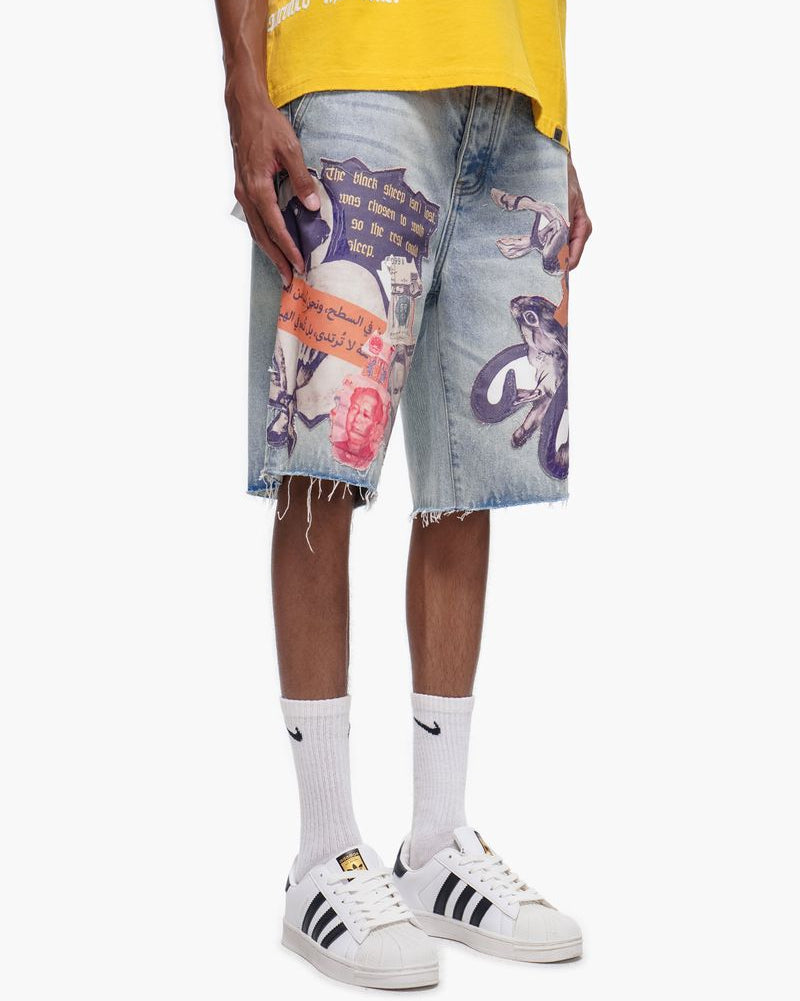 Person wearing a yellow shirt, colorful denim shorts, and white sneakers on a white background