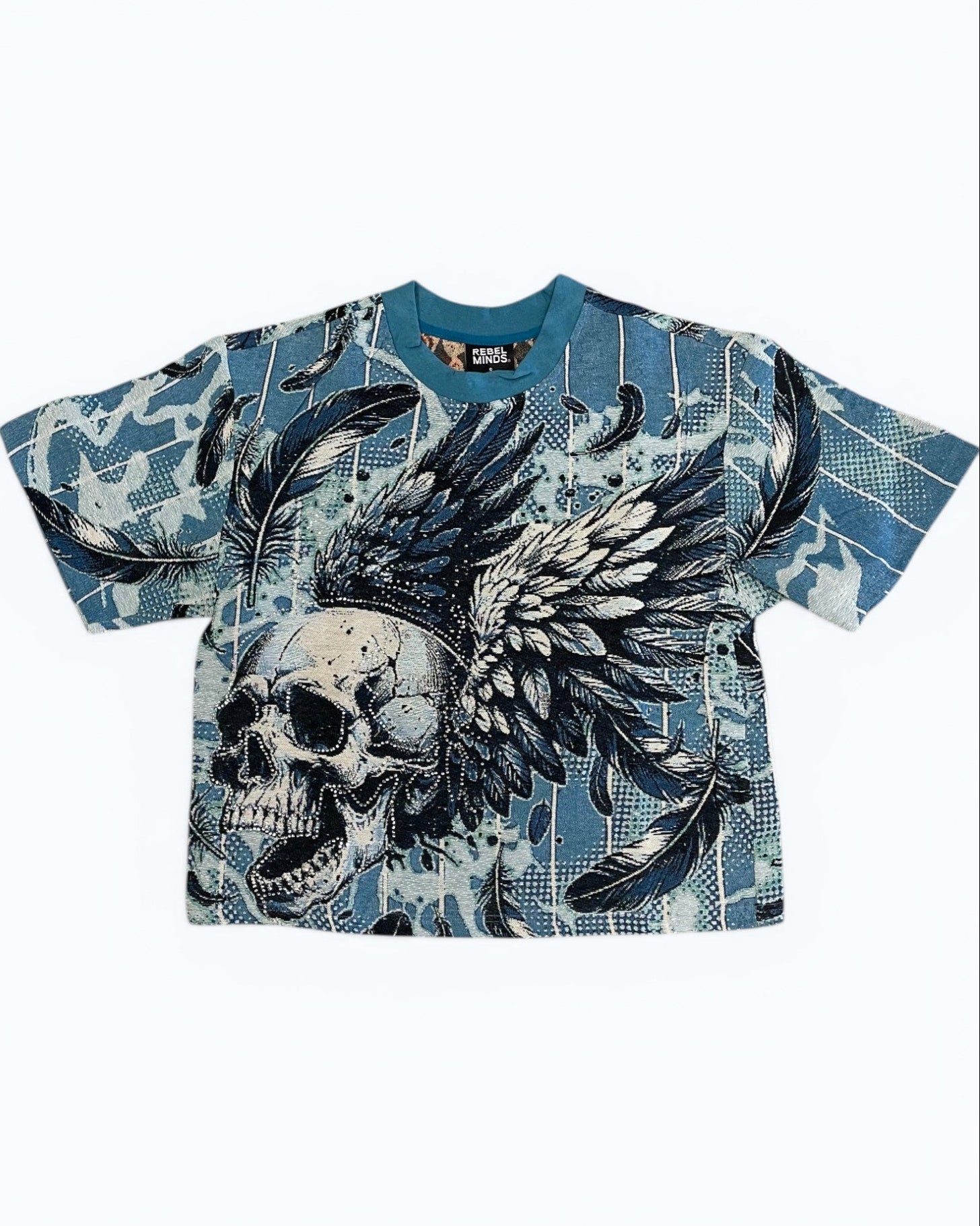 T-shirt with a skull and wings design on a camouflage pattern