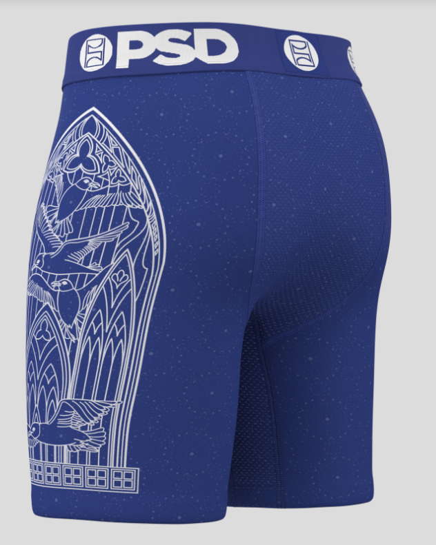 Blue athletic shorts with white graphics and 'PSD' branding on a gray background