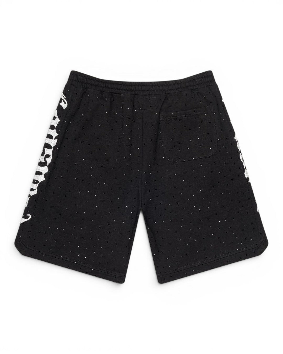 Black shorts with white pattern on a white background