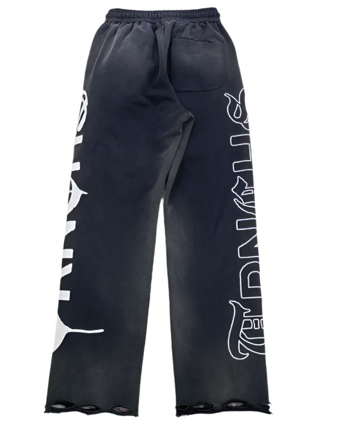 Black pants with white graphics on a white background