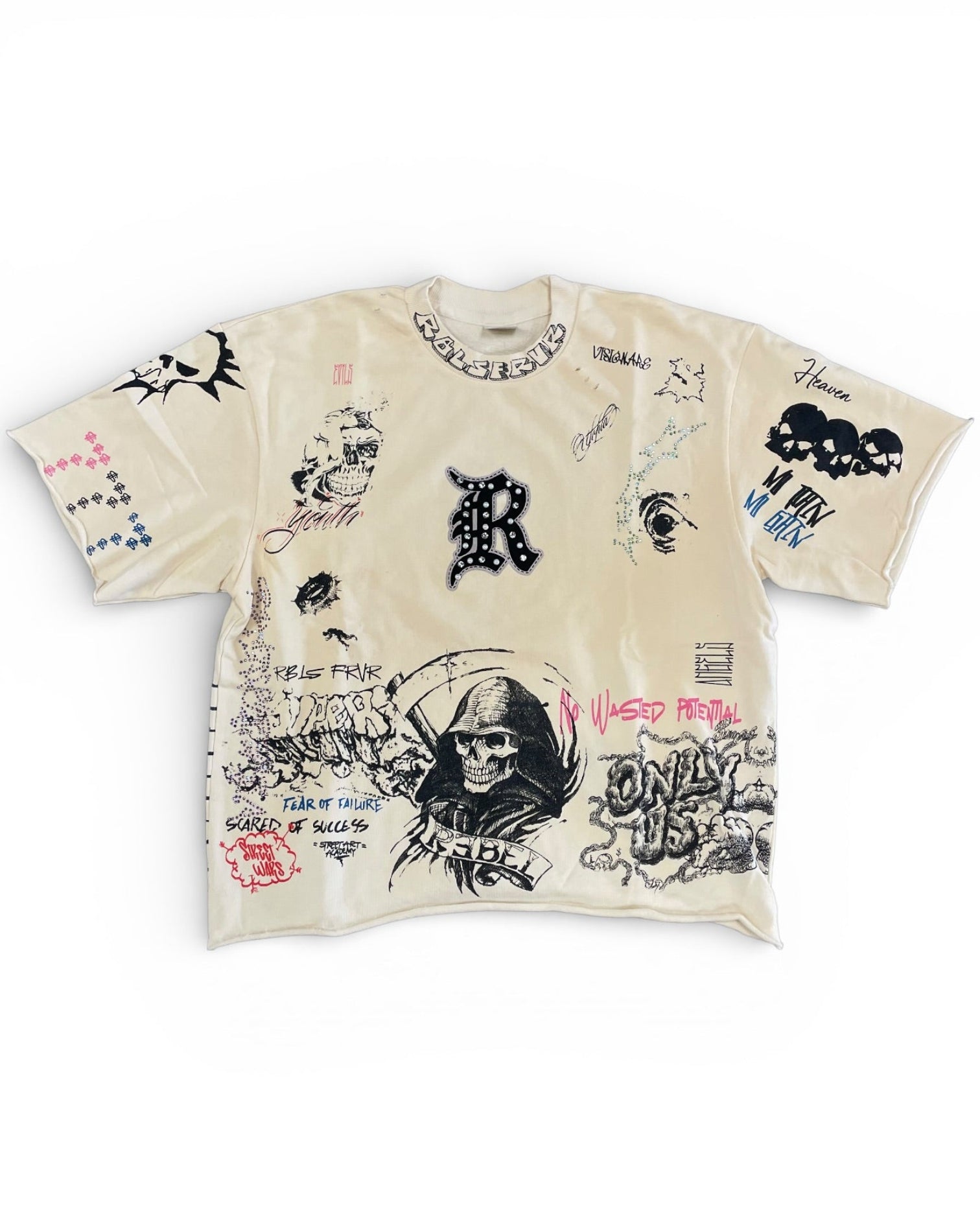 Beige t-shirt with black and white graphics and text on a white background