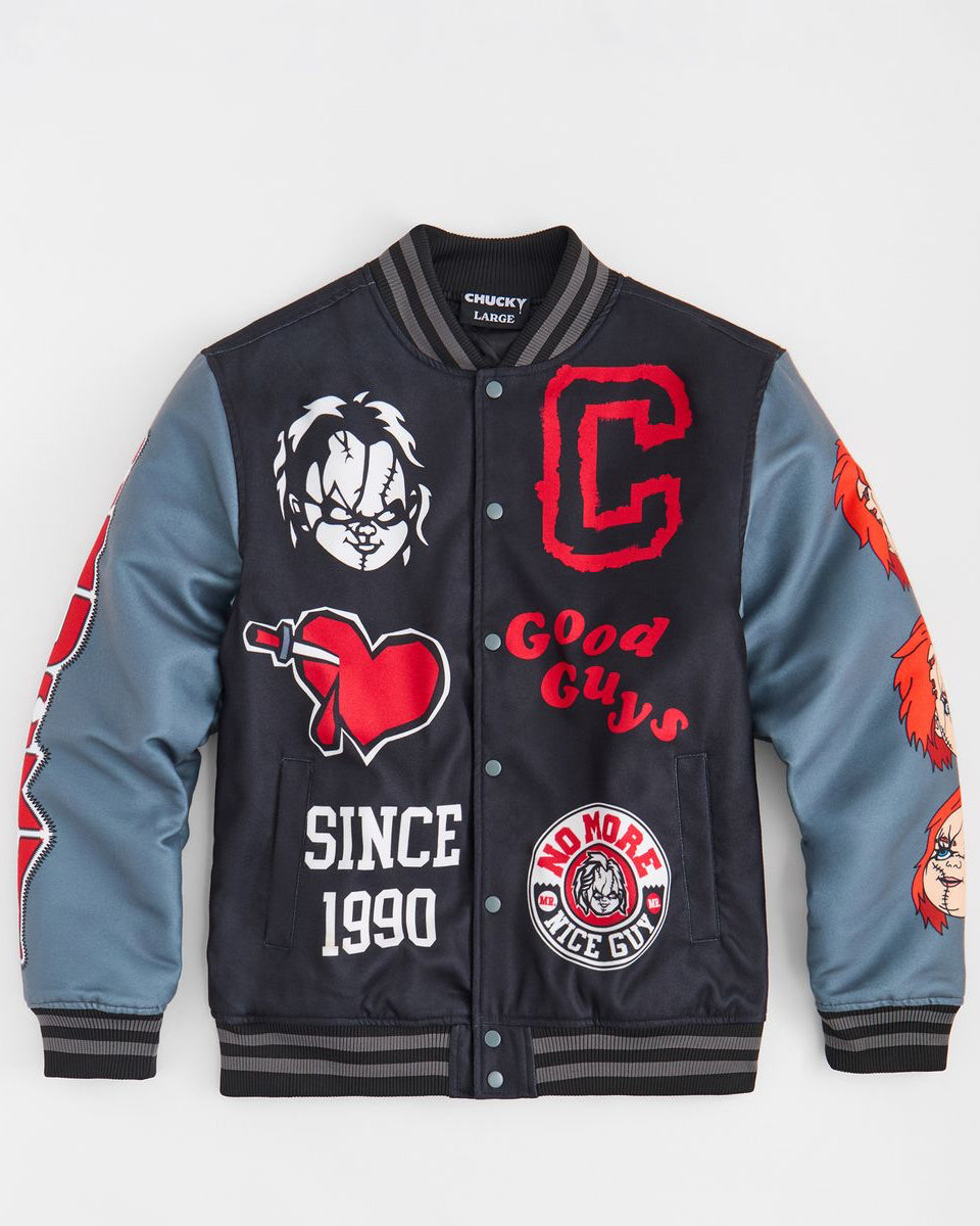 Varsity jacket with cartoon character design on a white background